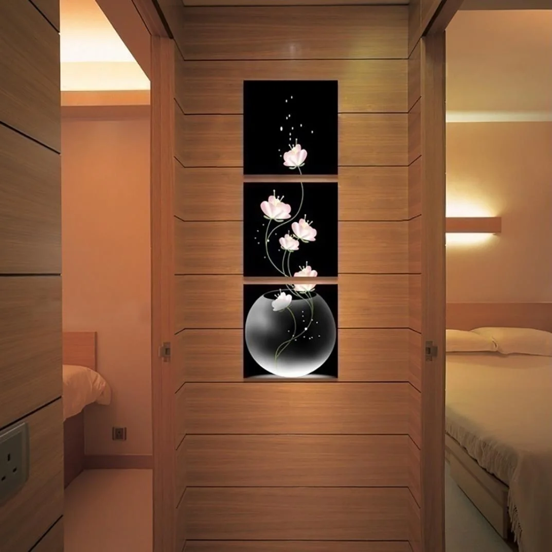 Креативный дизайн 3 панели без рамки ваза с цветком Холст Картина картина стены