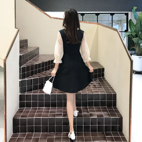 

2019 Spring New Women Dress Flare Sleeve Fake Two Pieces Mini A-line Womens Dresses Bow Collar Vestidos Temperament