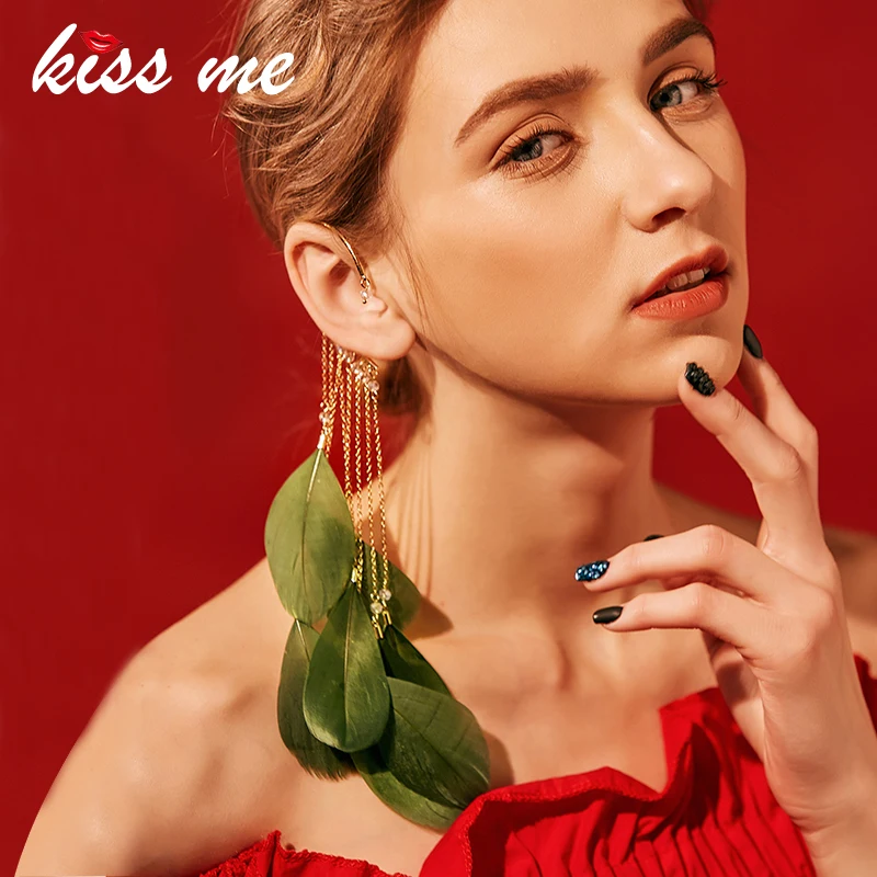 

KISS ME 6 Colors Natural Feather Earrings Unique Single Long Alloy Chain Tassel Drop Earrings for Women Fashion Jewelry