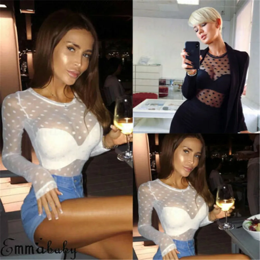 Новинка 2019 модный сексуальный женский топ в горошек с длинным рукавом прозрачная