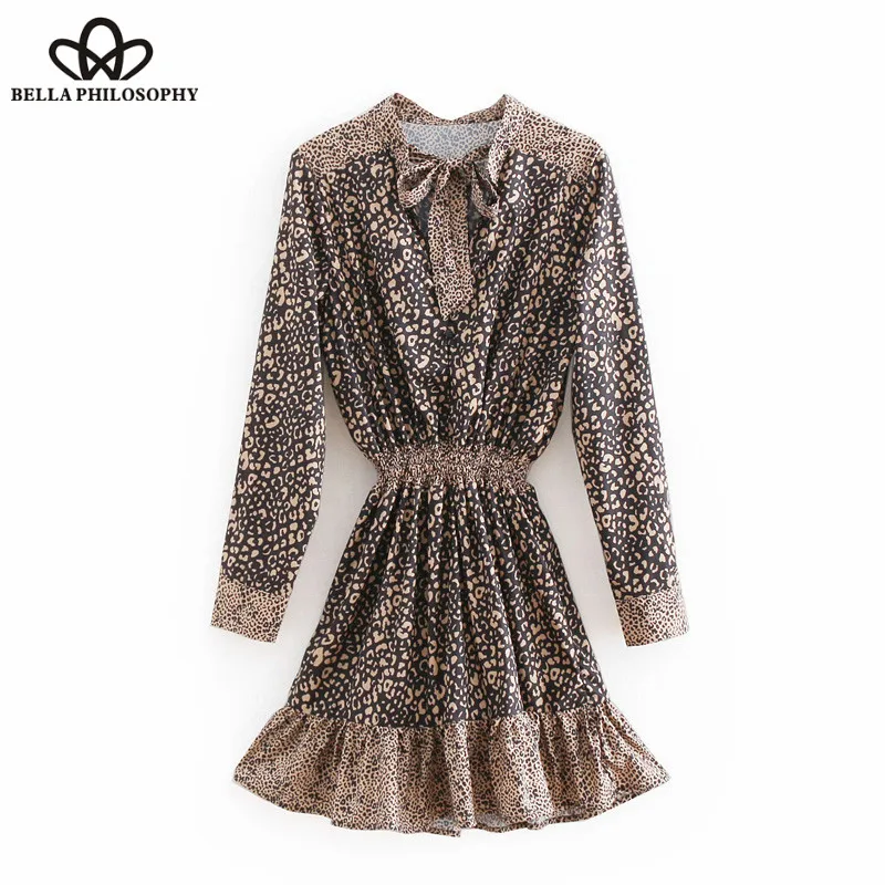 Винтажное мини платье с леопардовым принтом Wonder женское длинным рукавом и бантом
