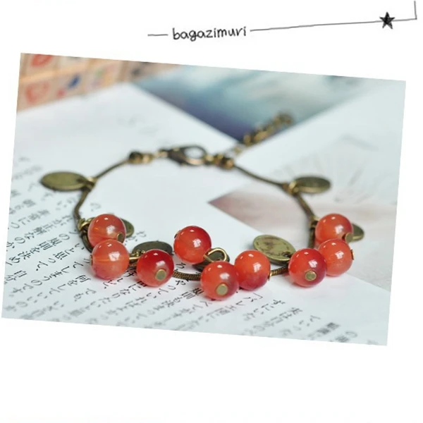 Hot Sale European Retro Fashion Red Sweet Cherry Pendant Bronze Metal Chain Beautiful Charm Bracelets Bangle for Women Jewelry | Украшения