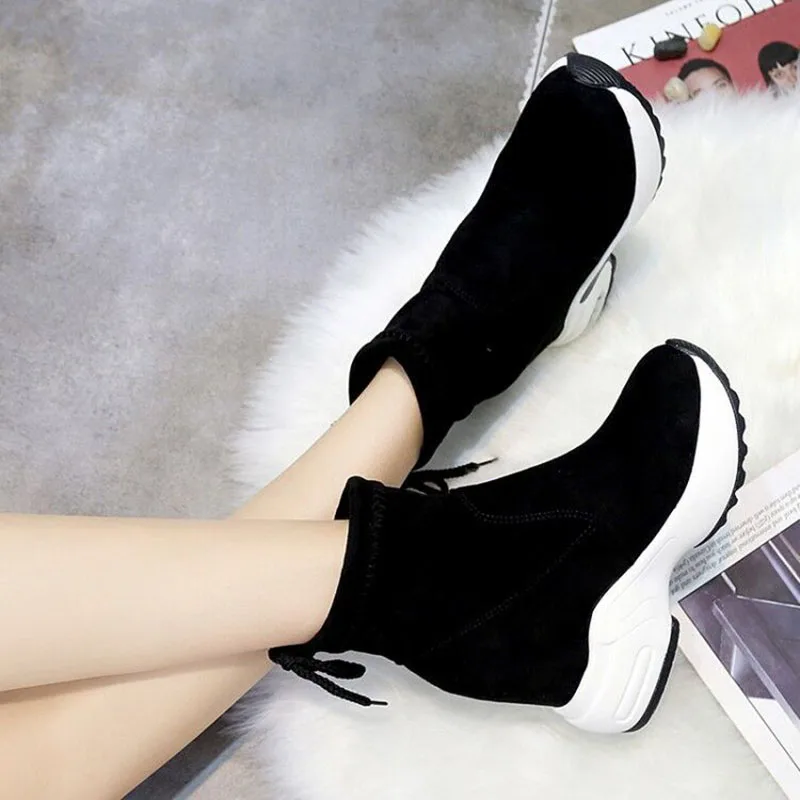 Женские ботинки Осень-зима 2018 однотонные ботильоны из флока на шнуровке с