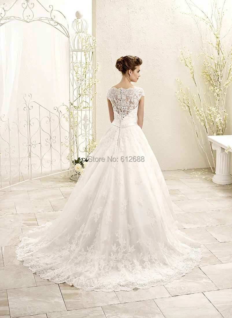 Sexy Wedding Gown Ball V-Neck Cap Sleeve Sleeveless Chapel Train Floor Length Long Lace Organza Bride Dresses 2017 | Свадьбы и