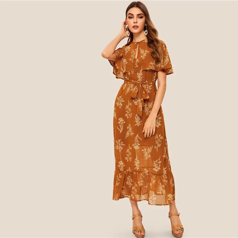 SHEIN модное летнее платье с цветочным принтом и оборками на пуговицах, коричневые женские платья с высокой талией и оборками