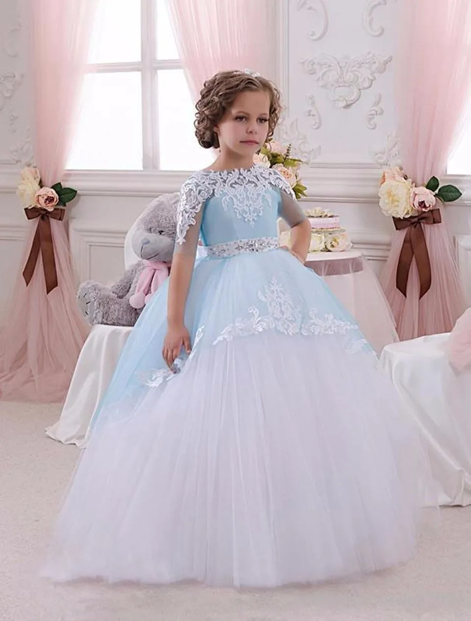 2017 Light Blue Princess Half Sleeve Flower Girl Dresses Pageant Baby Party Frocks for Birthday Wedding Ball Gown | Детская одежда и