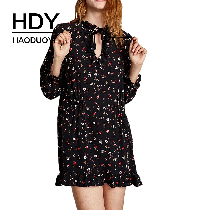 Платье с длинным рукавом HDY Haoduoyi разноцветное весеннее платье цветочным