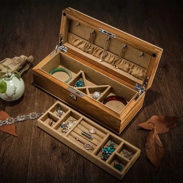 Kaufen Luxurly Reine Solide Holz Schmuck Box Schmuck Sammlung Lagerung Fall Doppel Desktop Tisch Veranstalter Mit Schloss Für Geschenke MSSH008