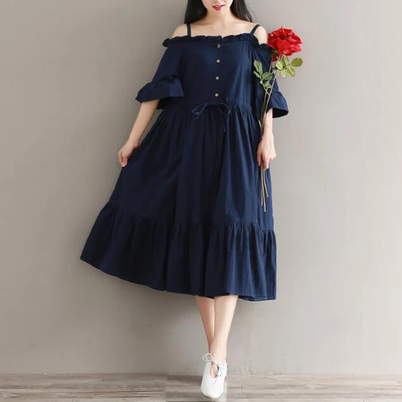 Женское платье с открытыми плечами однотонное свободного размера плюс рукавами