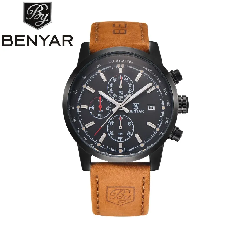 L black black Relojes Hombre, бнейар, кварцевые часы, мужские, брендовые, водонепроницаемые, с хронографом, спортивные, кожаные, военные, наручные часы, Relogio Masculino - Цвет: L black black
