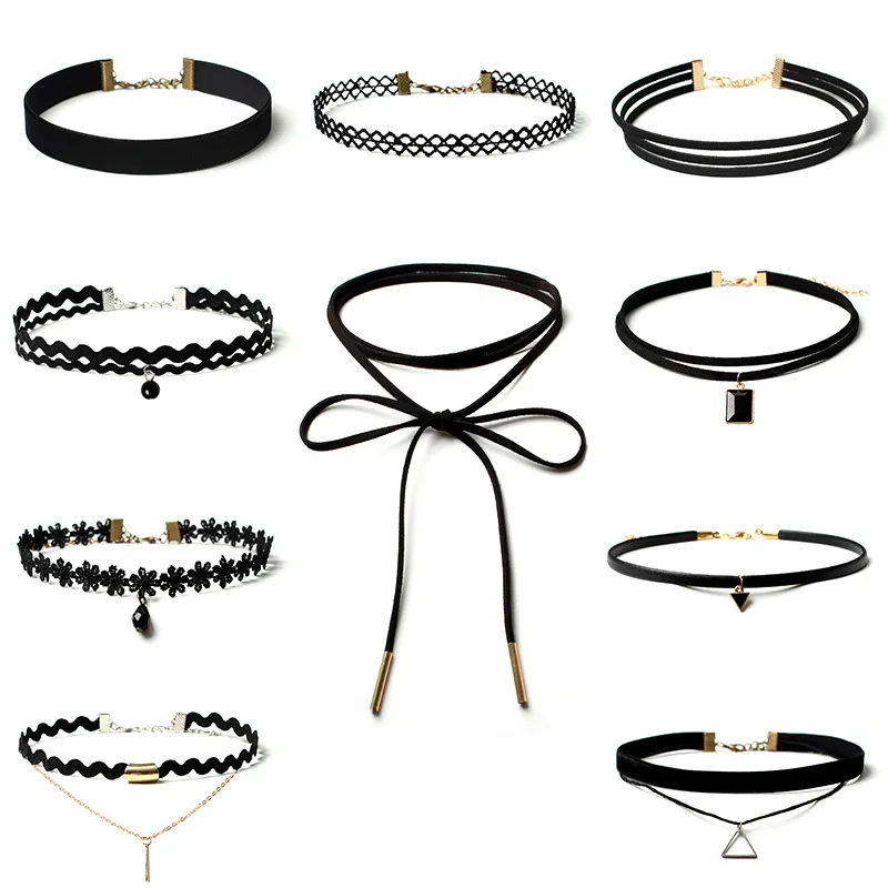 10 PCS Choker Set Ювелирные 10 шт./партия ожерелья-чокер Готическая Татуировка Черное кружево кожа бархат колье для женщин воротник женский чокер ювелирные изделия 90S панк - Окраска металла: 10 PCS Choker Set
