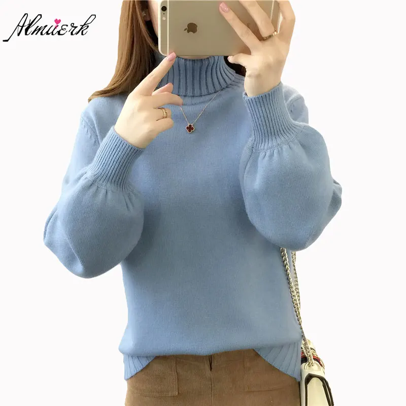 

2018 soild color women high collar sweaters long sleeves loose keep warm comfortable female knitting primer shirt sweaters L310