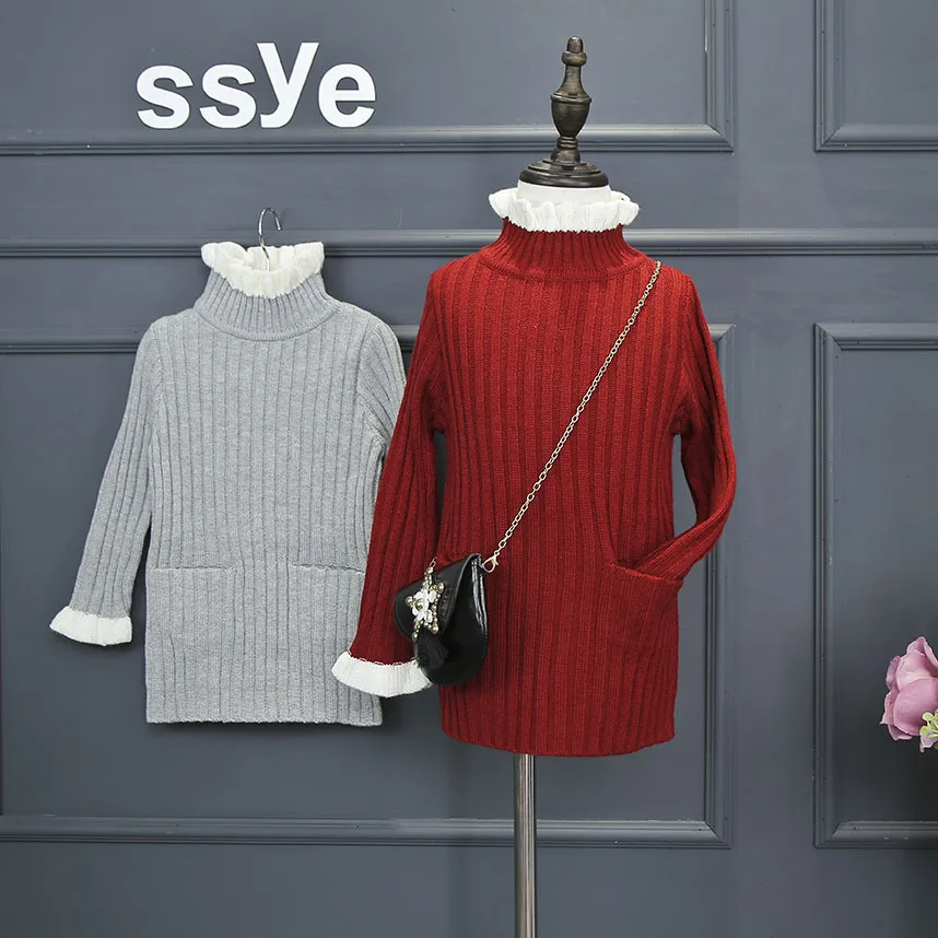3 Color Baby Girl Ruffle Sleeve Turtleneck Long Style Knitting Sweater With Pocket Kids 2016 New Autumn Winter Thick Clothes 2-7 | Детская