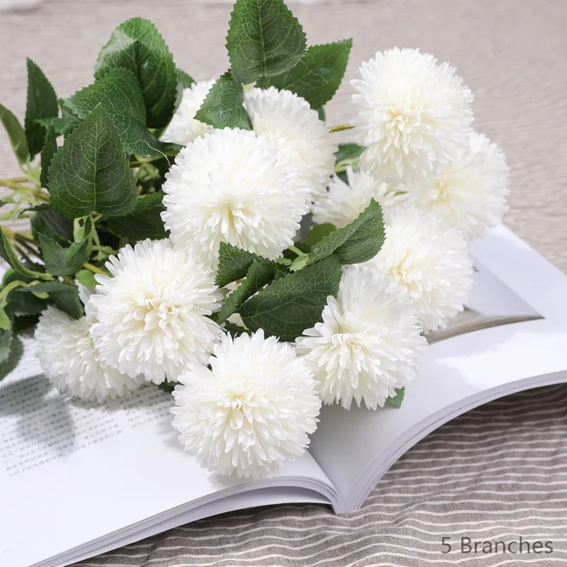 white yumai 5шт / комплект 3 головки желтый одуванчик пучок искусственных цветов - Цвет: white