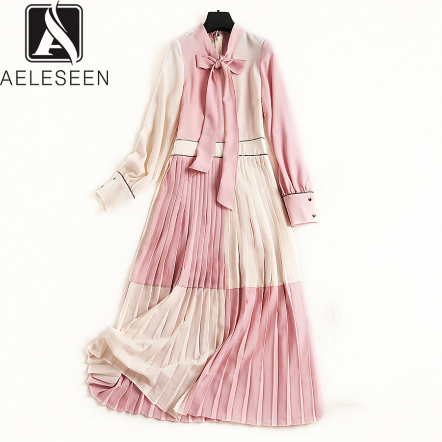AELESEEN Boho Летнее платье женское роскошное лоскутное элегантное Плиссированное градиентное платье с длинным рукавом и бантом модное для женщин