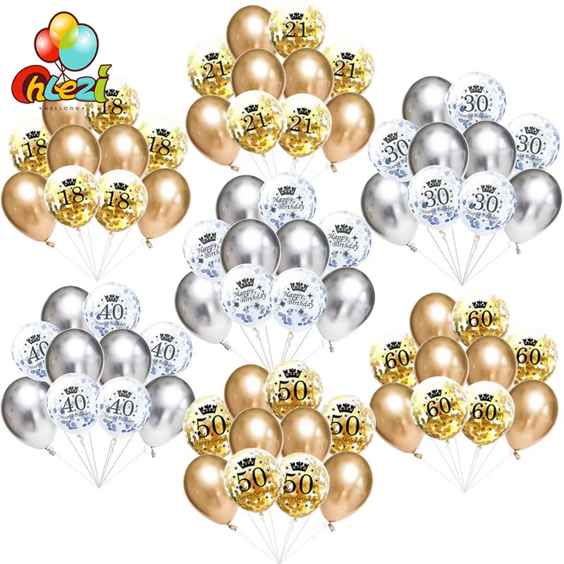 

10pcs 12inch Super Chrome Metallic Latex Balloons+Birthday Confetti Ballon 18 30 40 50 60th Anniversary Wedding Party Decoration