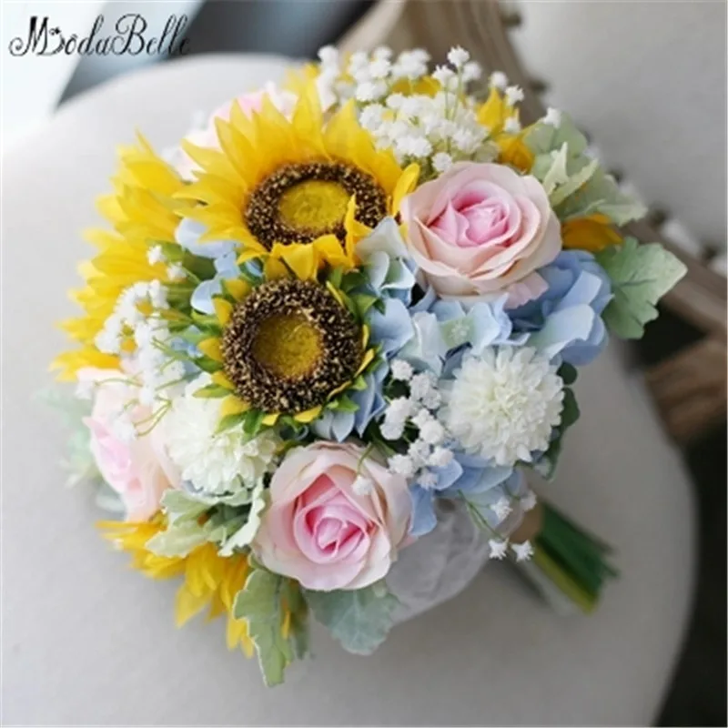modabelle Sunflower Wedding Bouquet Yellow Pink Artificial Bridal Lace Brides Brooch Bouquets Accessoire Mariage | Свадьбы и