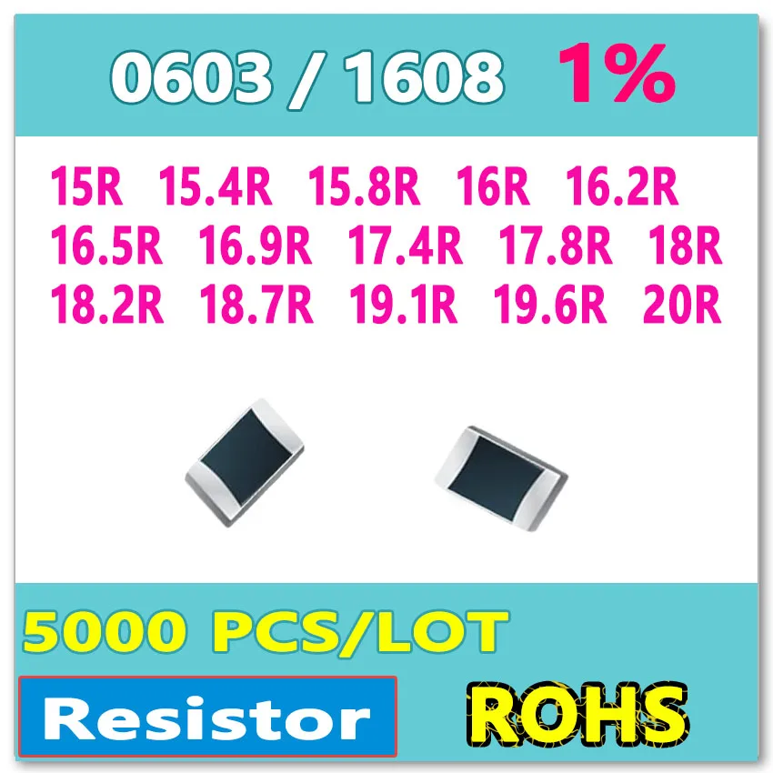 

JASNPROSMA OHM 0603 F 1% 5000 шт. 15R 15.4R 15.8R 16R 16.2R 16.5R 16.9R 17.4R 17.8R 18R 18.2R 18.7R 19.1R 19.6R 20R smd 1608