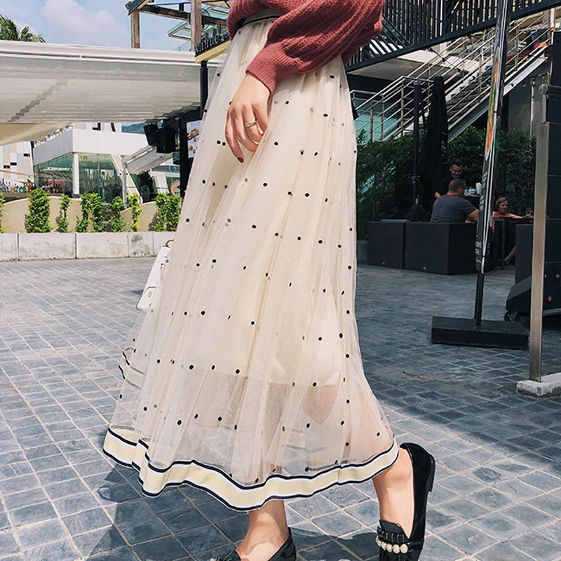 BGTEEVER женские длинные юбки в горошек эластичная талия сетка Saia линия Faldas летняя