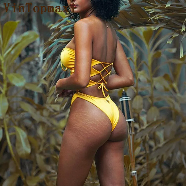 2018 Sexy One Piece Swimsuit High Cut Women Swimwear Front Knot Bodysuit Crochet Bandage Out Beachwear Monokini Bathing Suit | Спорт и