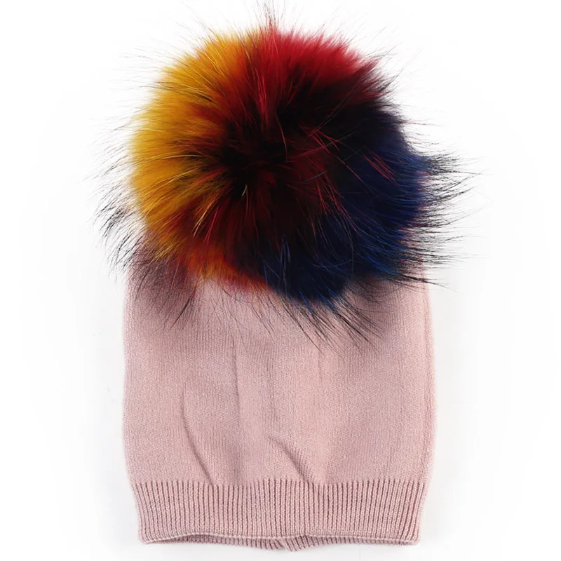Geebro/Шапка-бини для новорожденных; Осенняя шерстяная шапка Skullies Beanies с помпоном из меха енота для мальчиков и девочек; объемная шапка с настоящим помпоном - Цвет: Pink C