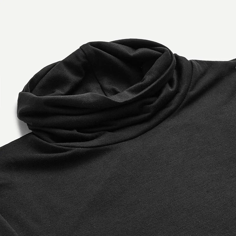 Sheinside, черная водолазка, ребристая, облегающая футболка, для женщин, длинный рукав, осень, высокая горловина, для работы, элегантная рубашка, для девушек, Простой Топ