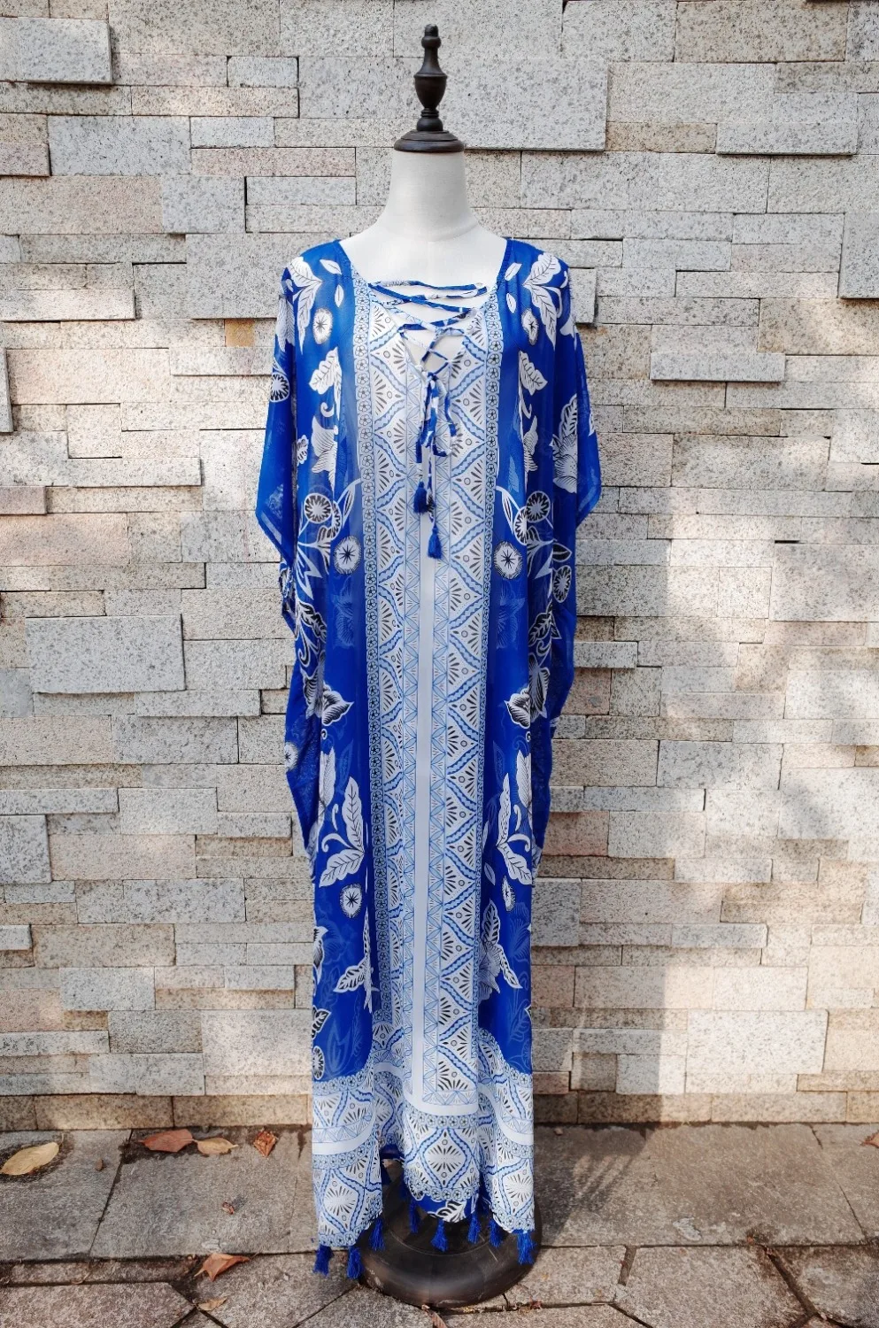 Женское пляжное платье с рукавами летучая мышь синее богемное Платье на шнуровке