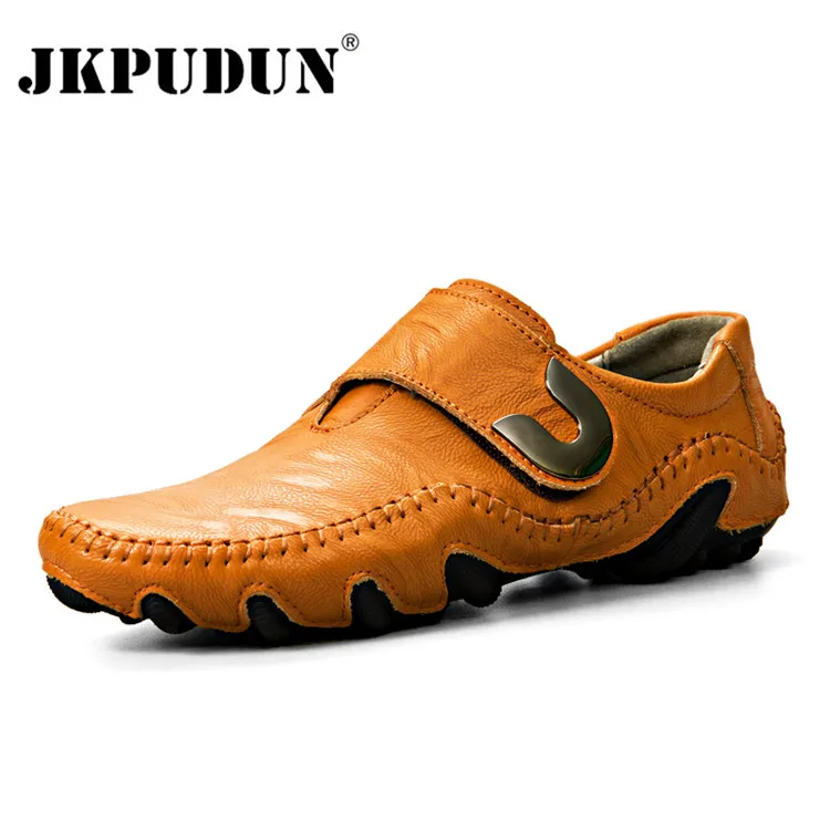 Yellow brown JKPUDUN/мужская повседневная обувь из натуральной кожи; люксовый бренд; коллекция года; мужские лоферы; дышащая итальянская обувь для вождения; удобные мокасины без застежки - Цвет: Yellow brown