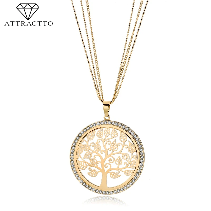 

ATTRACTTO Luxury Brand Gold Tree Of Life Necklace Pendants For Women Design Stainless Steel Necklaces Jewelry Necklace SNE180004