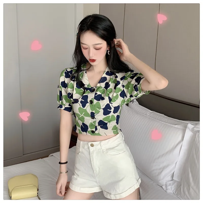 Korean style sweet crop tops v-neck print short sleeve Women's Clothing Blouses Shirts fashion brand high quality aesthetic hot | Женская