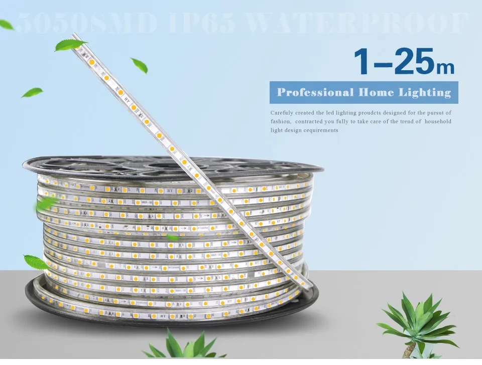 Dimmable SMD 5050 LED Strip Light 220V Waterproof Diode Tape LED Wire Flexible Bande Ribbon Lamp outdoor garden lighting EU Plug