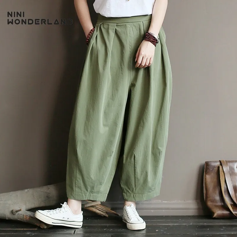 NINI WONDERLAND осенние брюки женские хлопковые винтажные свободные одноцветные шаровары весенние повседневные брюки редиска брюки большого размера