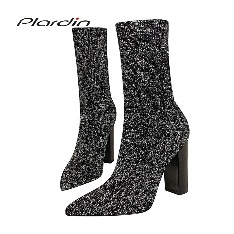 Plardin/Новые эластичные вязаные женские короткие ботинки модные зимние ботинки до середины икры на квадратном каблуке женские ботинки с острым носком на высоком каблуке