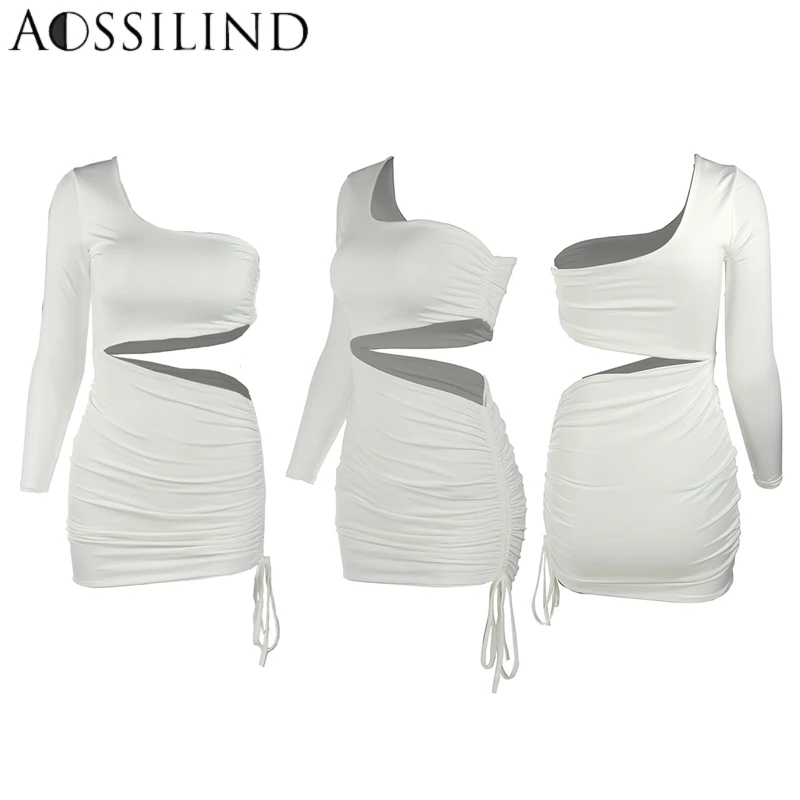 

AOSSILIND One shoulder sexy bodycon dress Women hollow out irregular long sleeve autumn dress Lace up short mini dresses