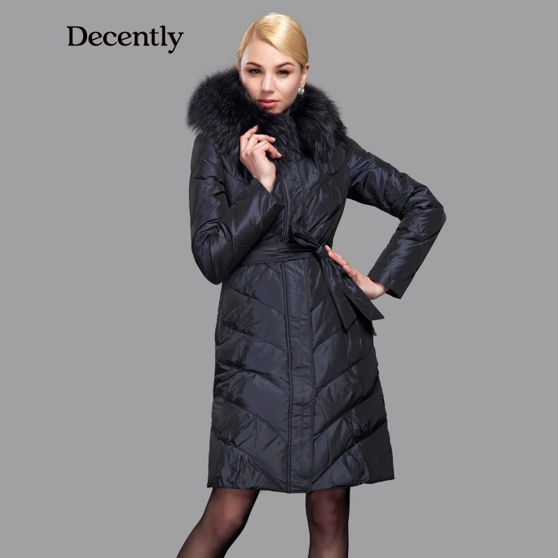DECENTLY 2015 новынка женские пуховик с капюшоном натуральный мех мехом длинный пальто