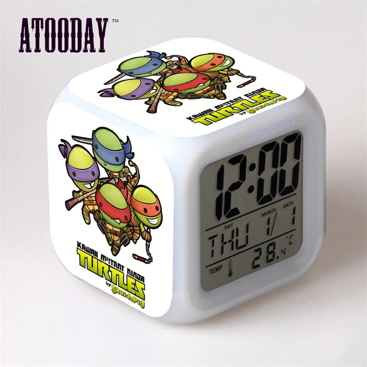 Розовый TMNT Черепашки светодиодный 7 цветов изменить цифровой будильник термометр ночь красочные светящиеся игрушки Черепашки-ниндзя - Цвет: Розовый