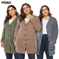 pgsd winter solid simple casual big size women clothes double sided velvet big pocket plush knitted sweater button warm cardigan
