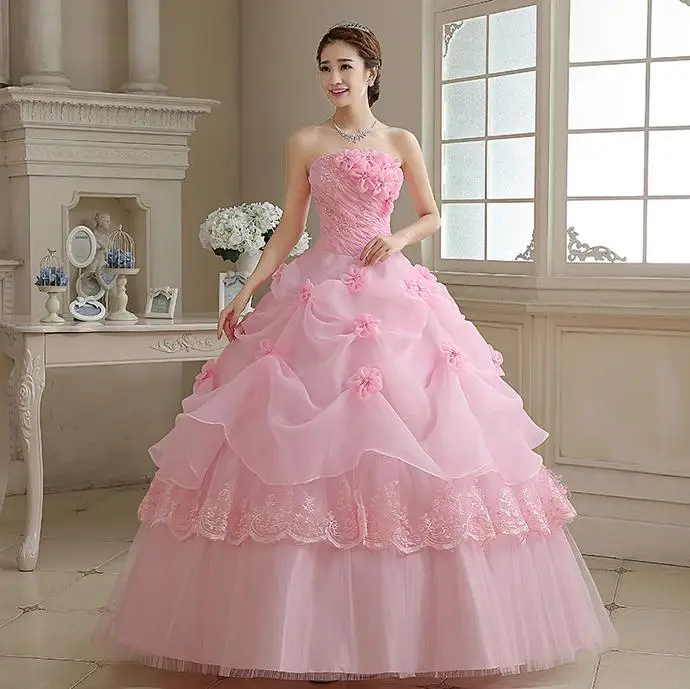 Розовый Настоящая фотография, vestido de noiva de, новинка, корейский стиль, цветы, без бретелек, розовый, красный, принцесса, свадебное платье, на шнуровке, бальное платье - Цвет: Розовый