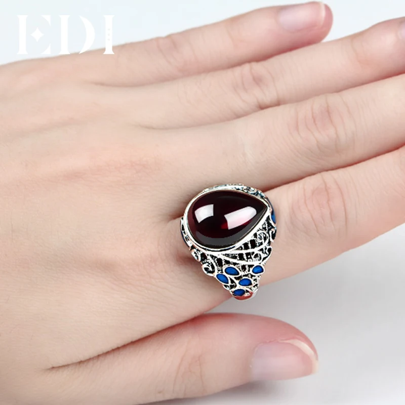 EDI Vintage 925 Sterling Silver Rings For Women Gemstone Dripping Garnet Cloisonne Female Folk Style Big |