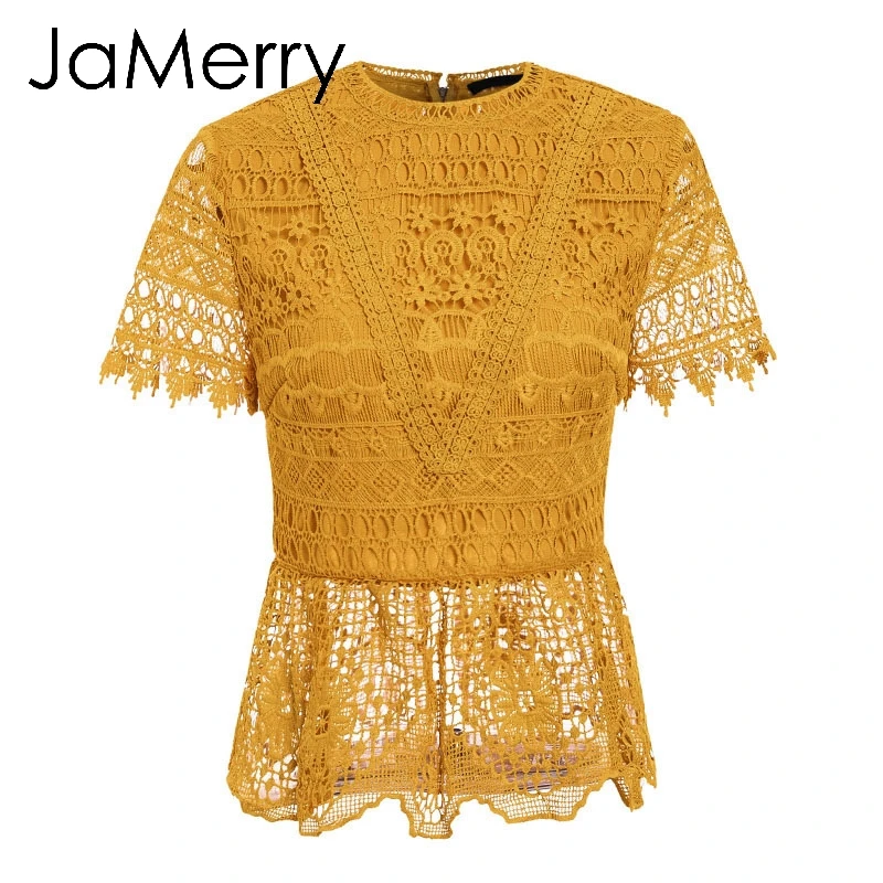 JaMerry винтажная белая кружевная женская блузка с вышивкой рубашка коротким