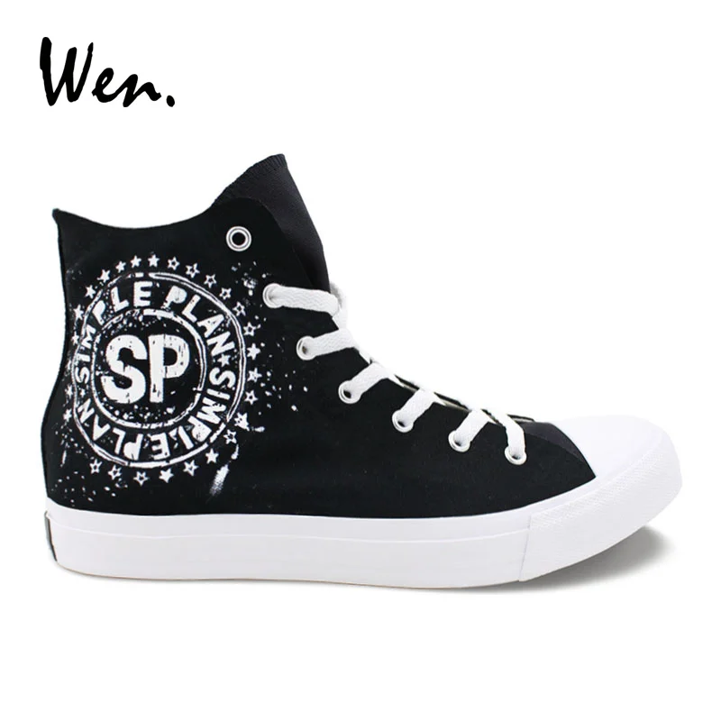 Wen Design Hand Painted Custom Shoes Simple Plan High Top Black Canvas Sneakers Women Men's Athletic Skateboarding | Спорт и