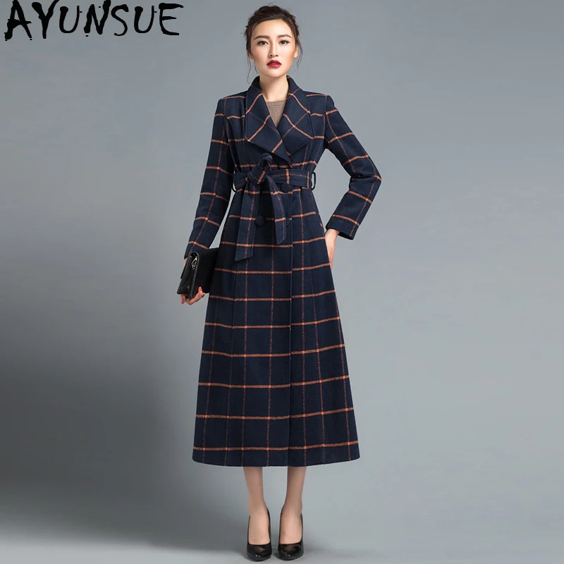 AYUNSUE Abrigos Mujer Invierno длинное клетчатое пальто зимнее шерстяное пальто женское элегантное тонкое Casaco Feminino Женская одежда KJ180