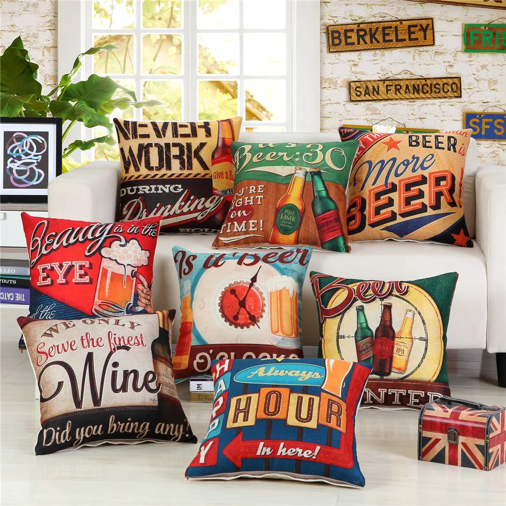 

45x45cm Vintage Beer Printed Cushion Cover Hotel Bar Sofa Chair Seat Decorative Cotton Linen Throw Pillowcase