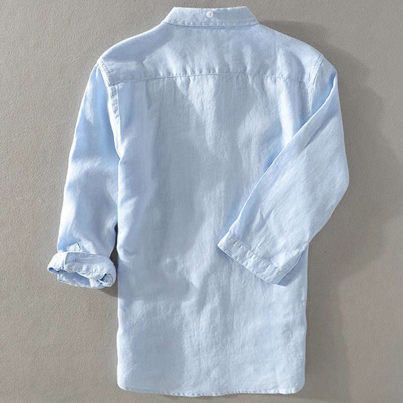 100% лен высокое качество 2020 новые мужские одноцветные рубашки с рукавом семь