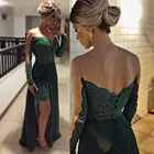 Прозрачное темно-зеленое кружевное платье с длинным рукавом, платье для выпускного вечера с разрезом спереди, вечерние платья, прозрачное вечернее платье с круглым вырезом