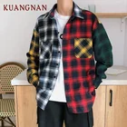 Мужская Уличная рубашка KUANGNAN, красная клетчатая рубашка в стиле пэчворк, мужские рубашки с длинным рукавом из хлопка, повседневные облегающие рубашки, XXXL, весна 2019