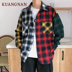 Мужская Уличная рубашка KUANGNAN, красная клетчатая рубашка в стиле пэчворк, мужские рубашки с длинным рукавом из хлопка, повседневные облегающие рубашки, XXXL, весна 2019