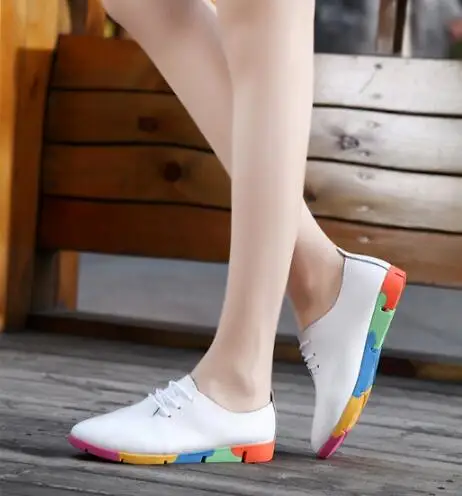 New Autumn spring new lace-up leather women flat white shoes pointed toe deep mouth soft bottom leisure colorful woman | Обувь