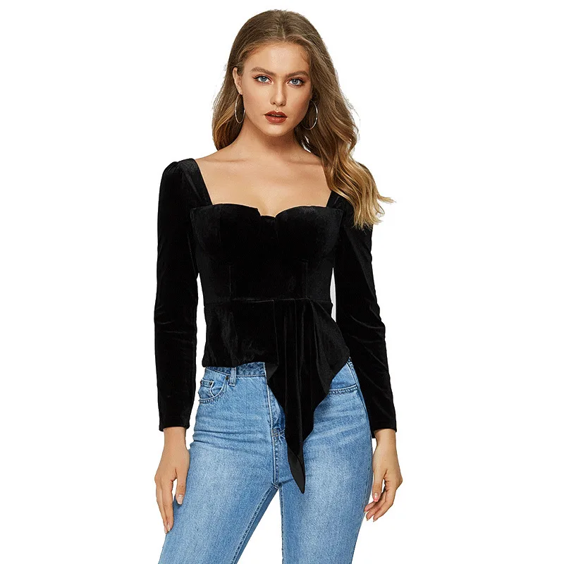 

New spring and summer 2019 edition of leisure velvet coat female temperament sexy backless lace long sleeve shirts