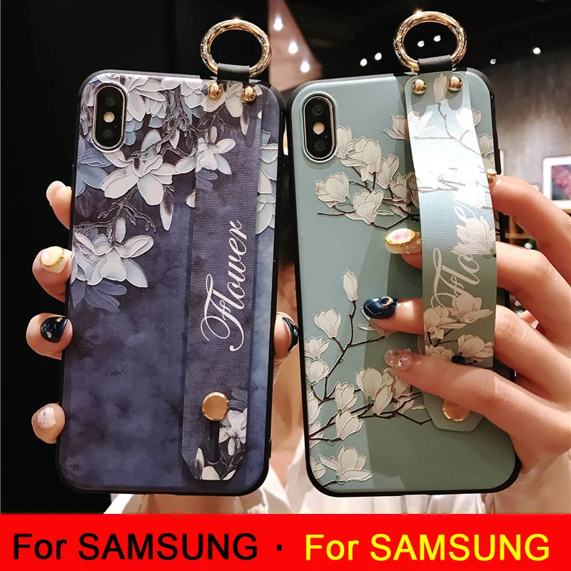 Ремешок на запястье мягкий TPU чехол для samsung Galaxy S10e S8 S9 S10 плюс Note8 9 A30 A50 A70 A750 M20 роскошный резиновый матовый чехол из 3D чехол-накладка с цветочным рисунком